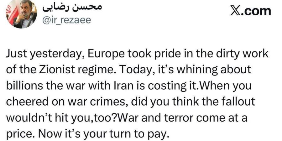 رضائي للأوروبيين: ألم تفكروا عندما هلّلتم لجرائم الحرب أن العواقب ستطالكم أنتم أيضاً؟